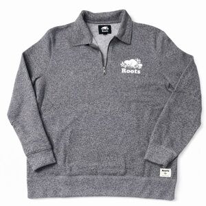 Roots Quarter Zip Sweatshirt XL Gray Salt Pepper Pullover Logo Cozy Fleece